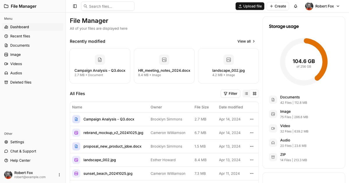 File Manager Admin Dashboard shadcnexamples.com