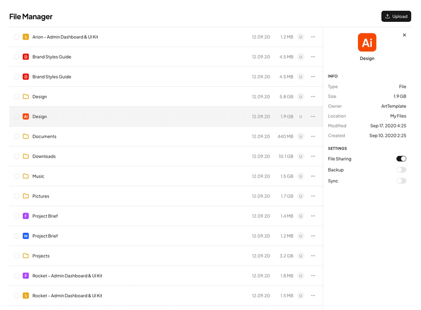 shadcn examples File Manager App