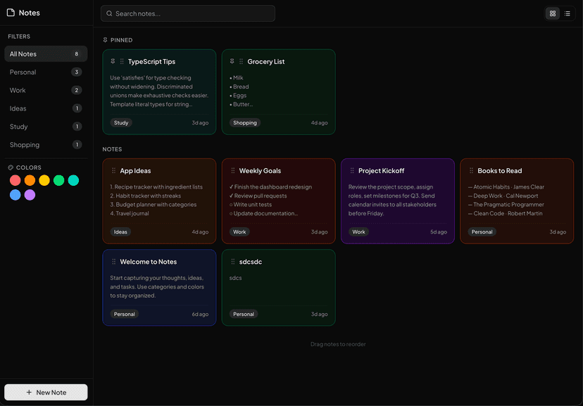 shadcn examples Note App