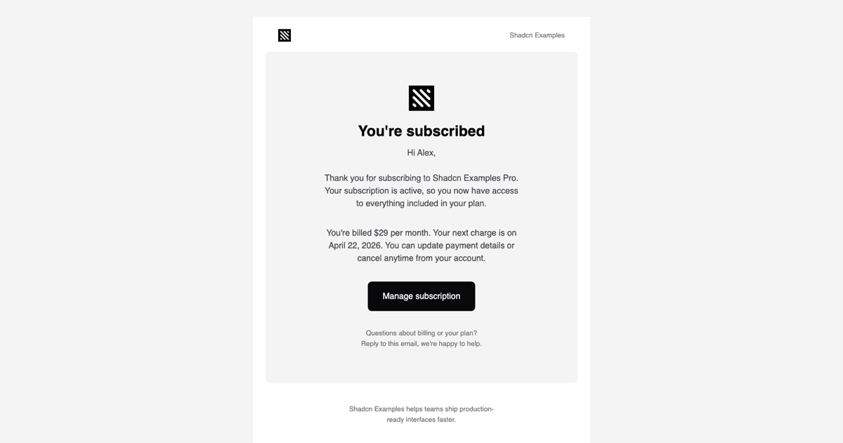 Subscription Confirmation Email Template shadcnexamples.com