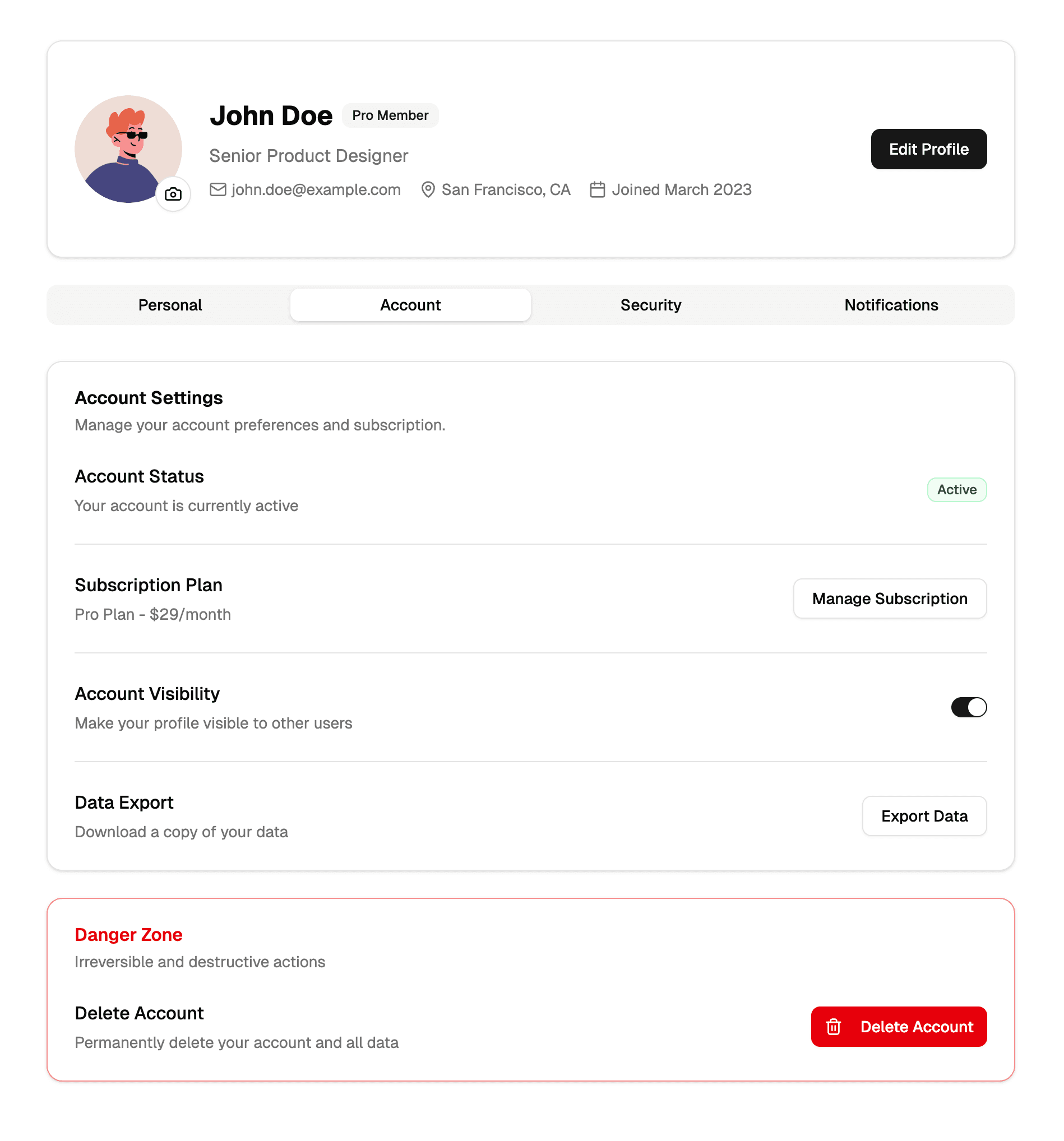 shadcn examples Profile Page