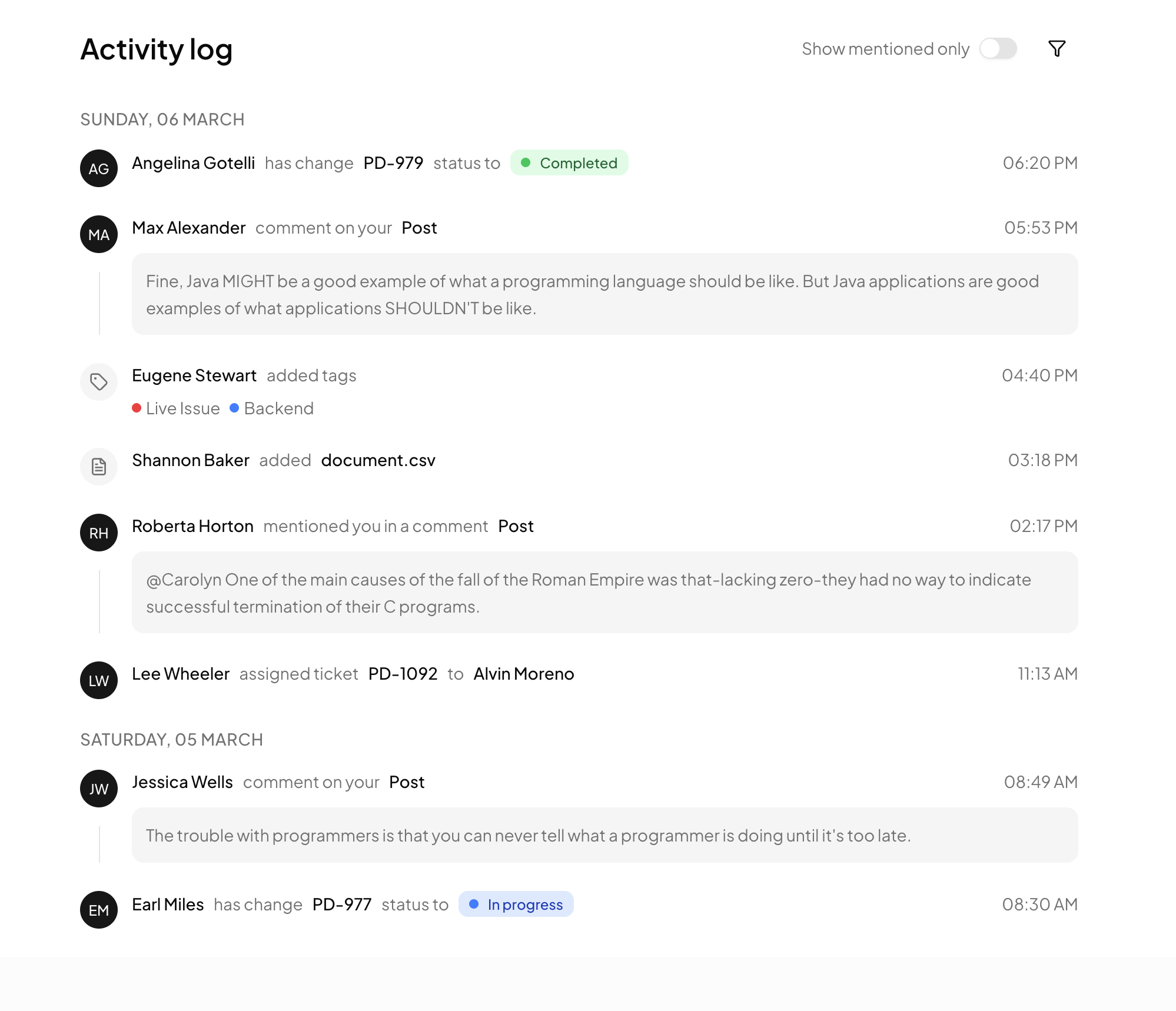shadcn example Activity Feed