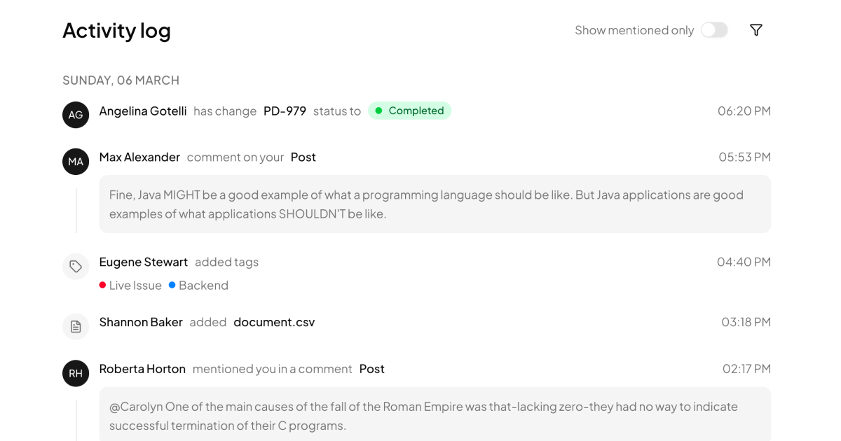 shadcn examples Activity Feed