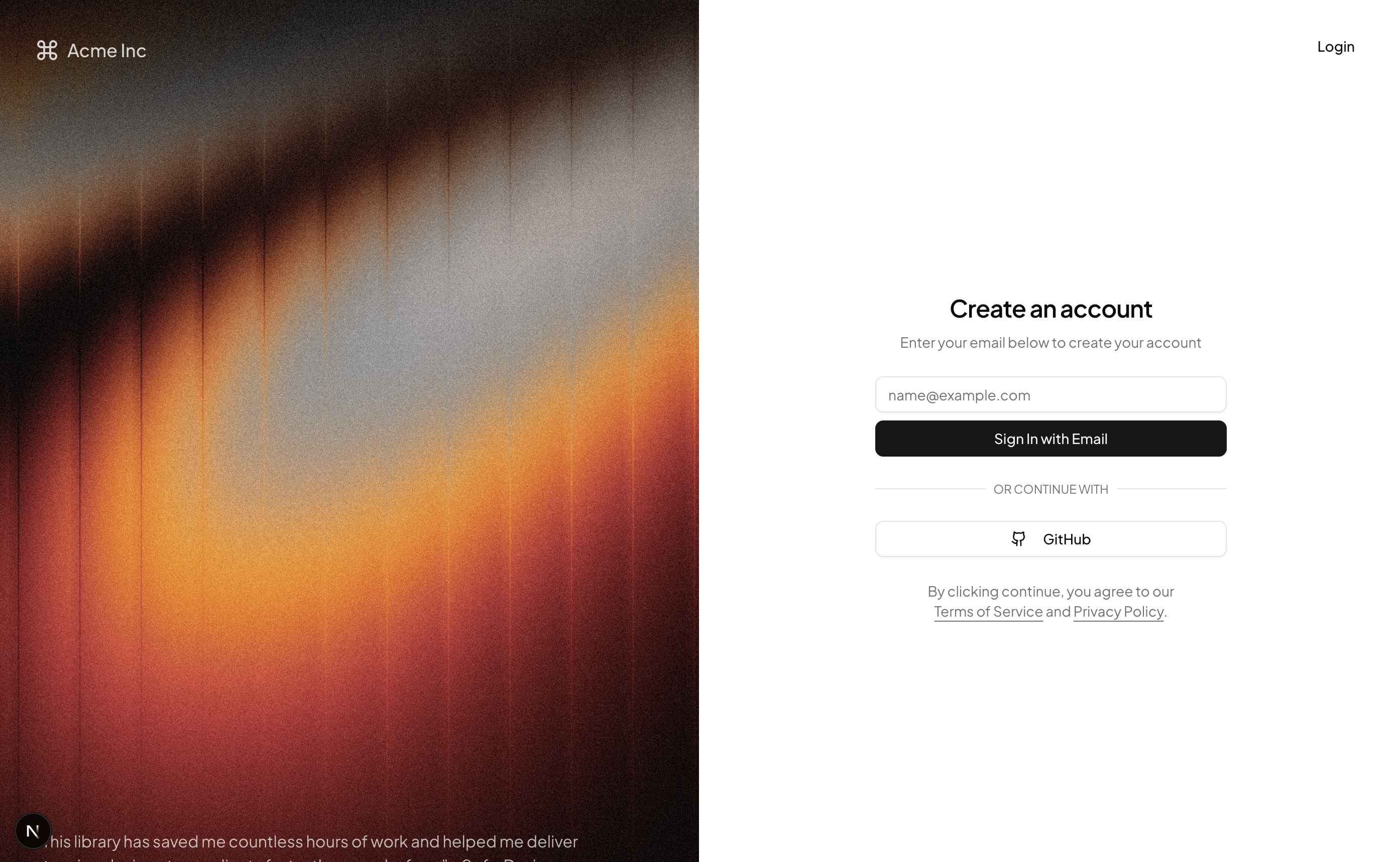 shadcn example Authentication
