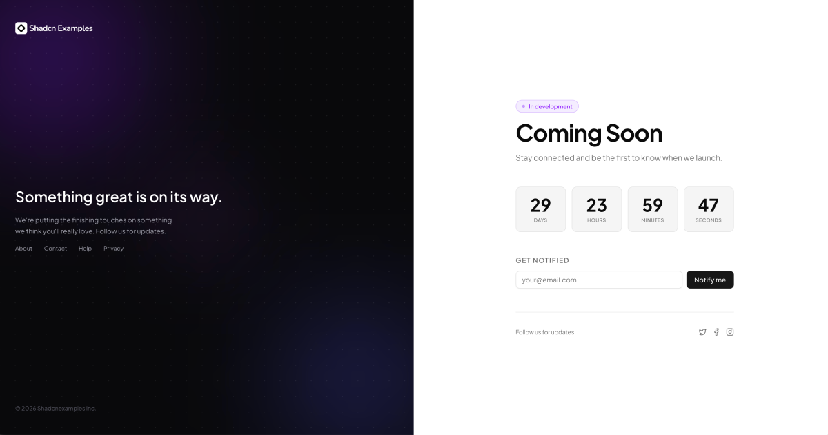 shadcn examples Coming Soon Pages