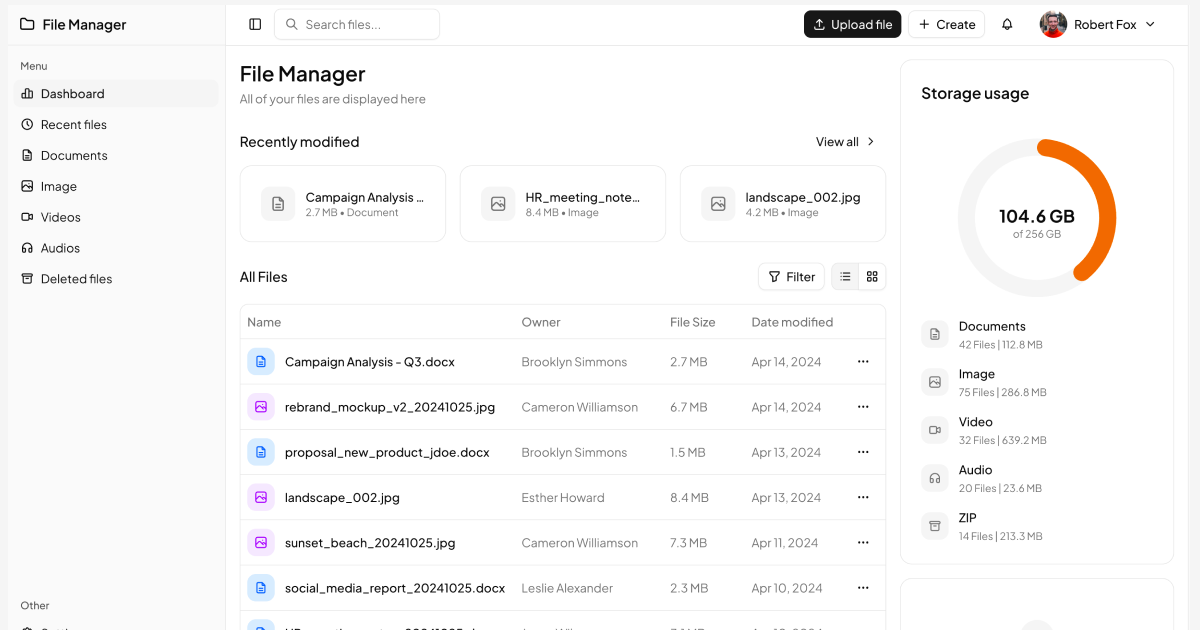 shadcn examples File Manager Admin Dashboard