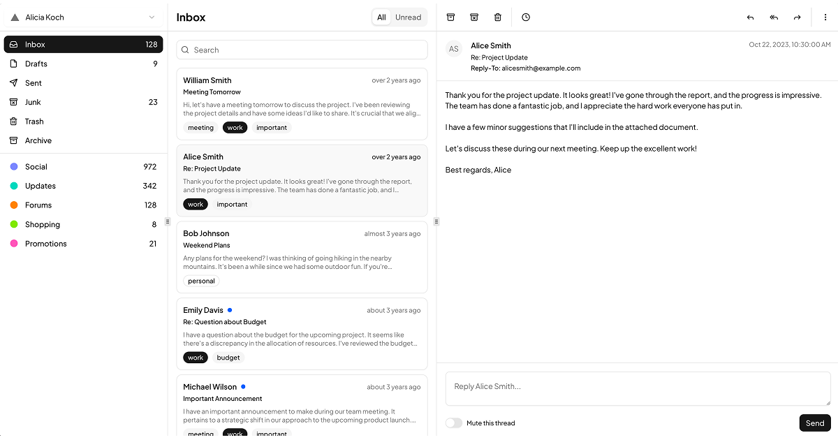 shadcn examples Mail App