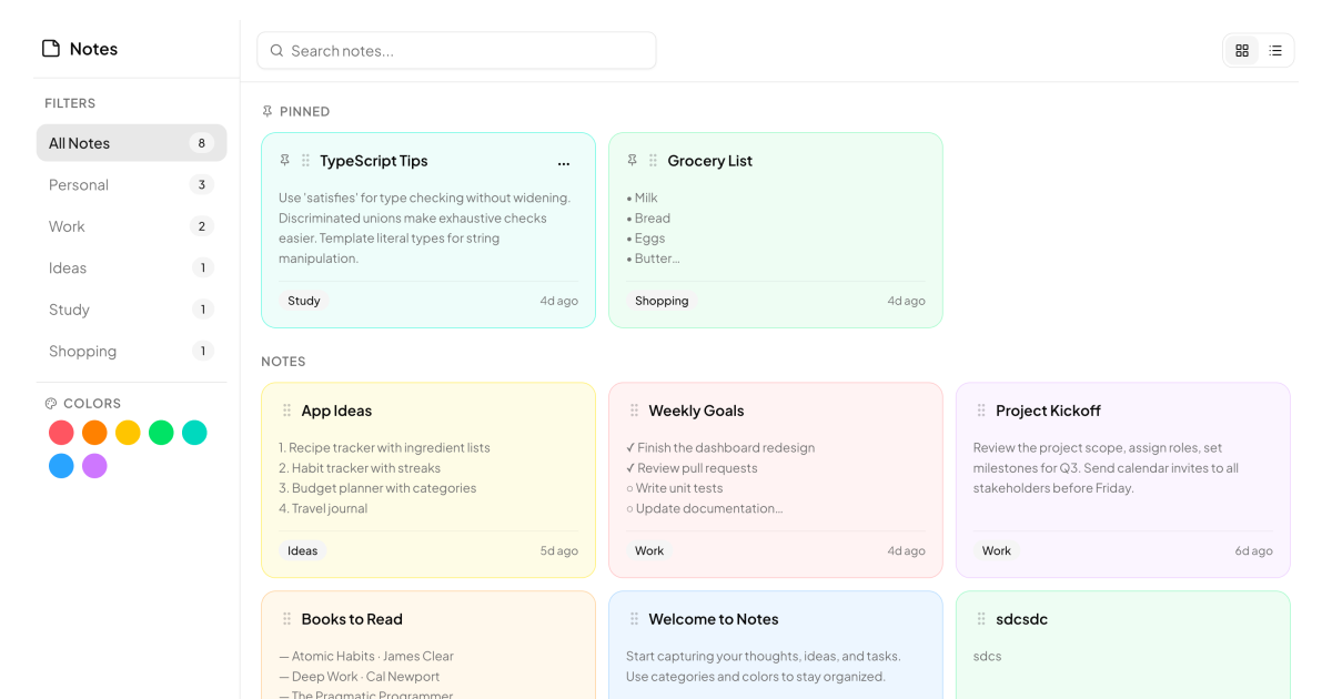 shadcn examples Note Apps