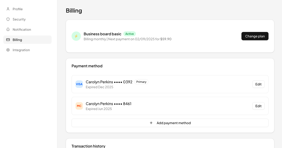 shadcn examples Settings Pages