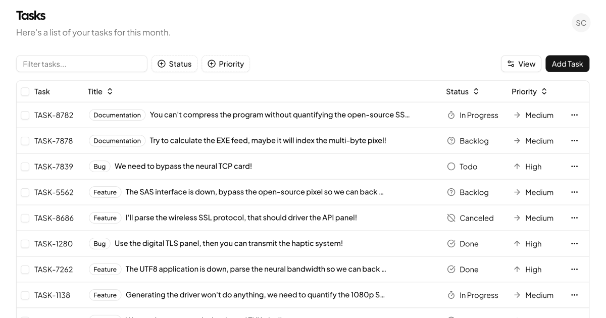 shadcn examples Tasks Table