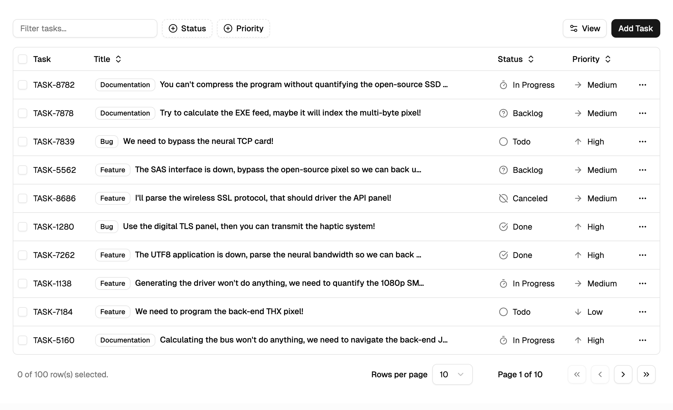 shadcn example Tasks