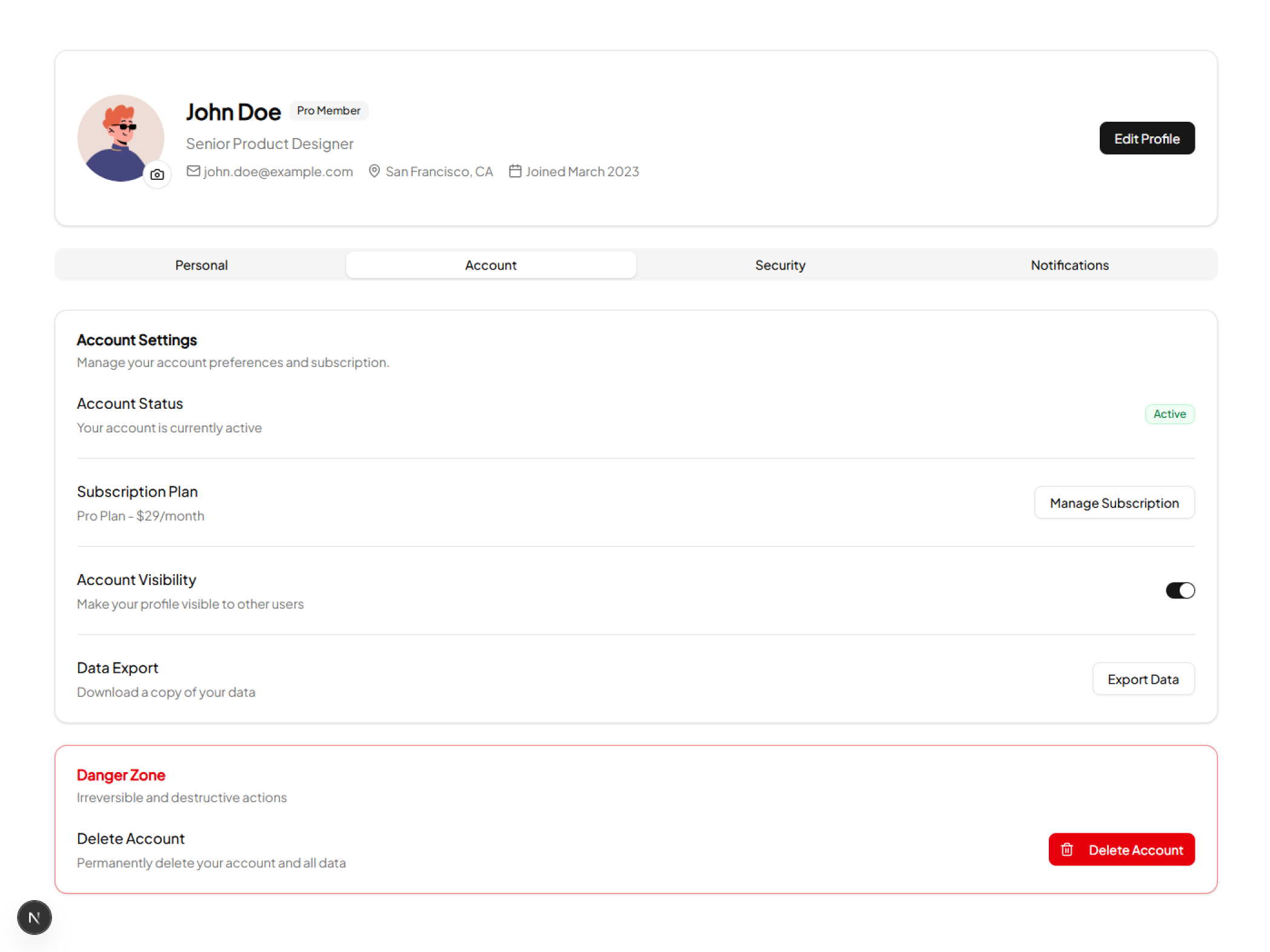 shadcn example Profile Page